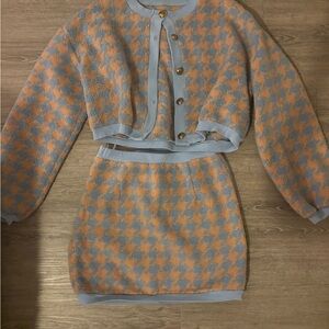 Vintage Orange and Gray Houndstooth Cardigan and Skirt Set